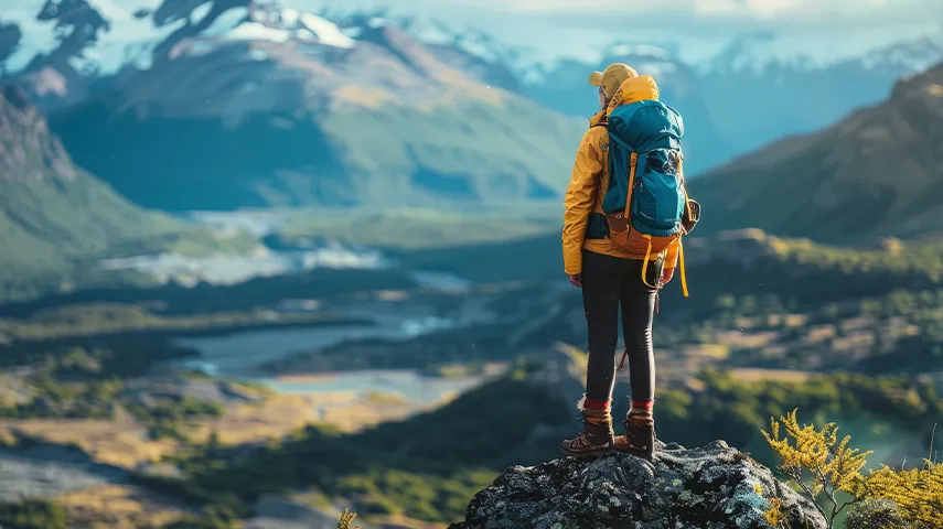 A hiking man standing on a stone. In the background there is a mountain scenery (Photo)