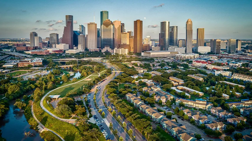 The top view of a city showing urban and suburban areas (Photo)