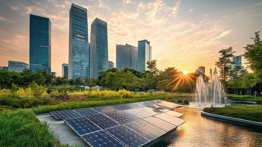 This is an image of a city skyline and a photovoltaic plant during what appears to be sunset. The photo showcases modern skyscrapers in the distance, framed by a clear sky that meets at the horizon. In the foreground, there's a water body with reflections of the setting sun and city lights.